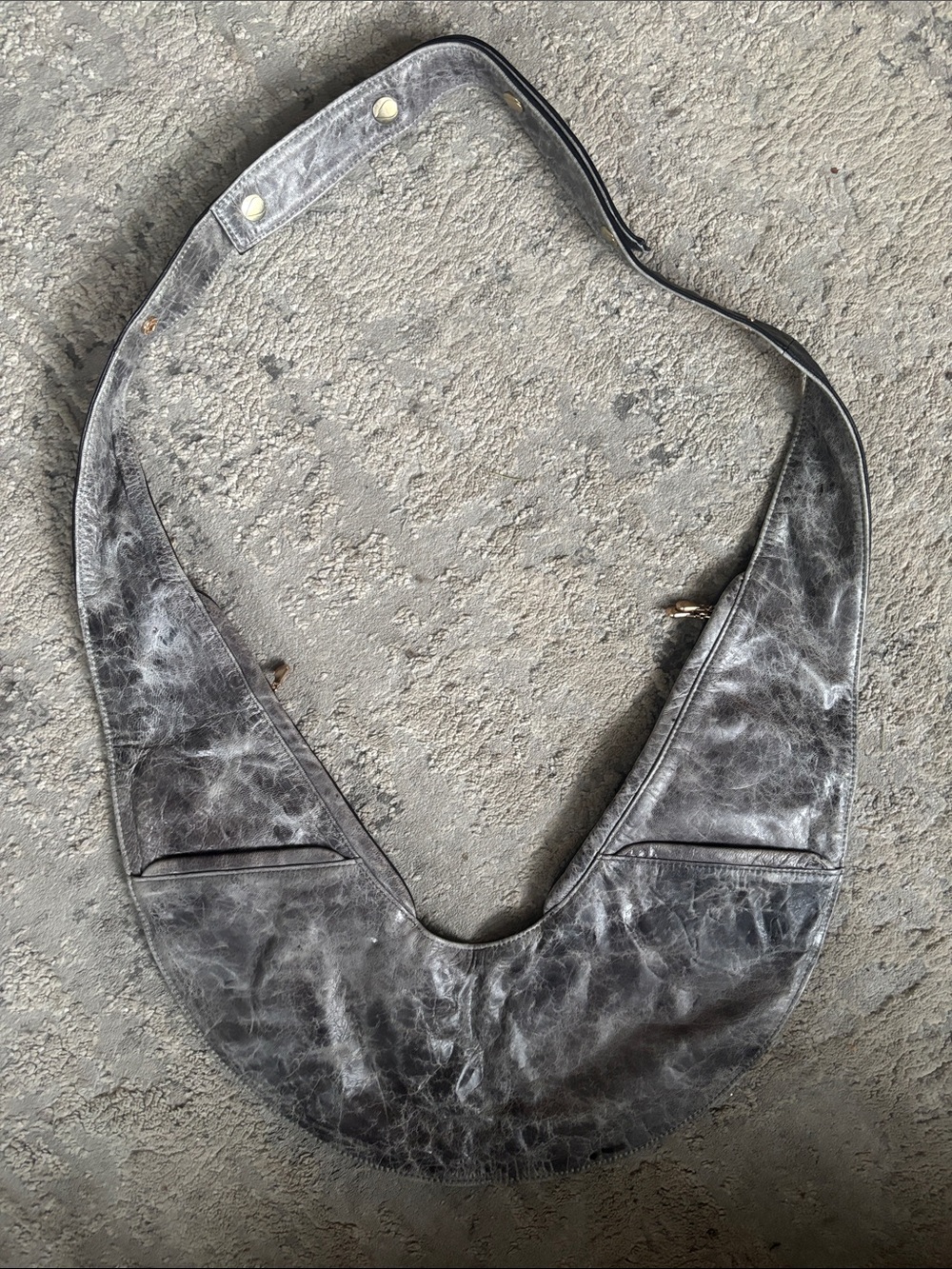 Sash Distressed Gray leather Crescent Shoulder Bag with Wide Strap